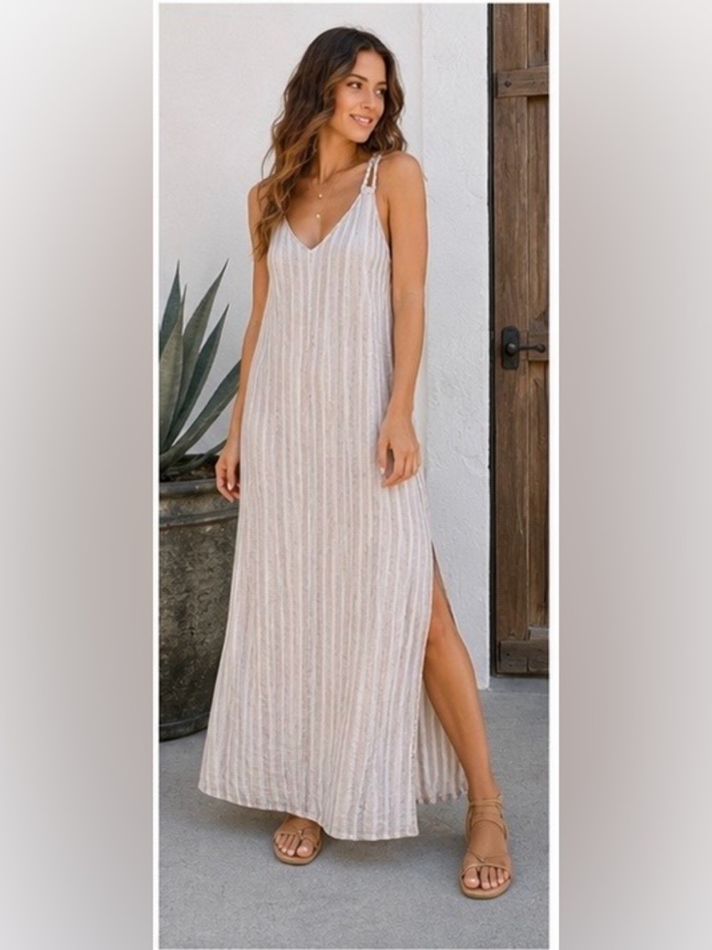 Rachel Ashwell Linen Blend Braided Strap Maxi Dress Beige Stripe Boho Beach M